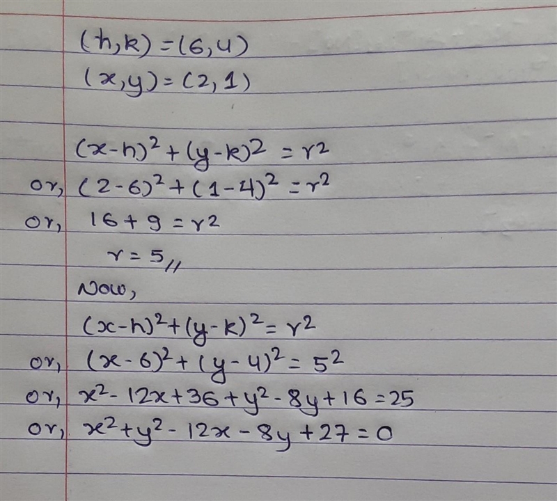 write the equation of a circle with the center (6,4) that passes through the coordinate-example-1