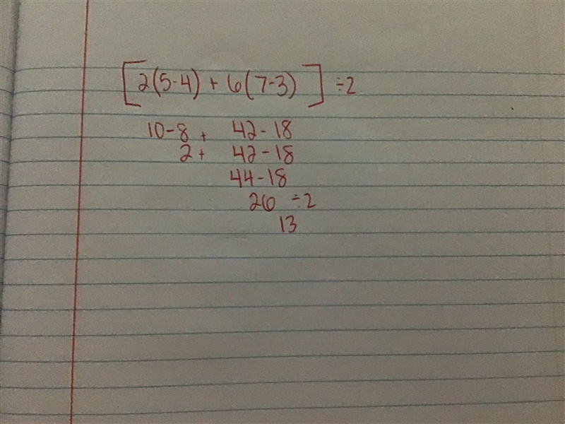 [2(5 - 4) + 6(7 - 3)] ÷ 2-example-1