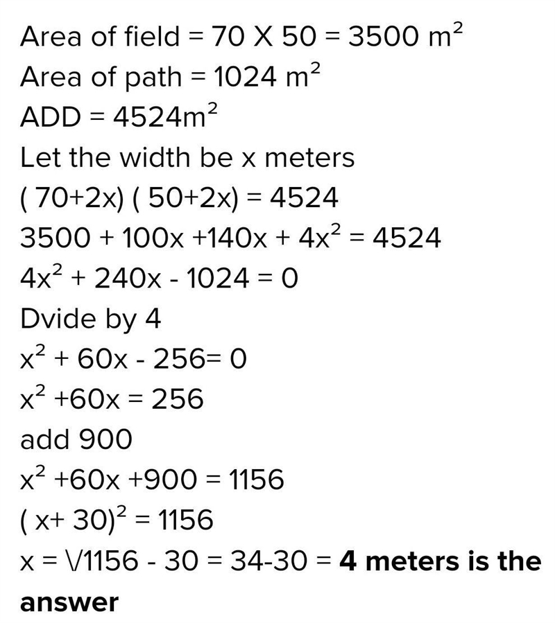 7. A rectangular field, 70 m long and 50 m wide, is surrounded by a concrete path-example-1