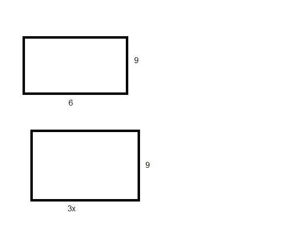 Draw two rectangles.The first has length 6 and width 9. The second has length 3x and-example-1