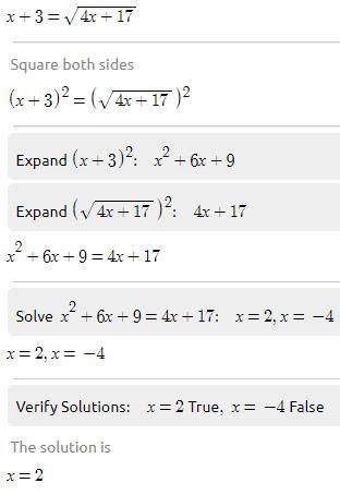 Solve for x. x + 3 = Sqrt 4x+17-example-1