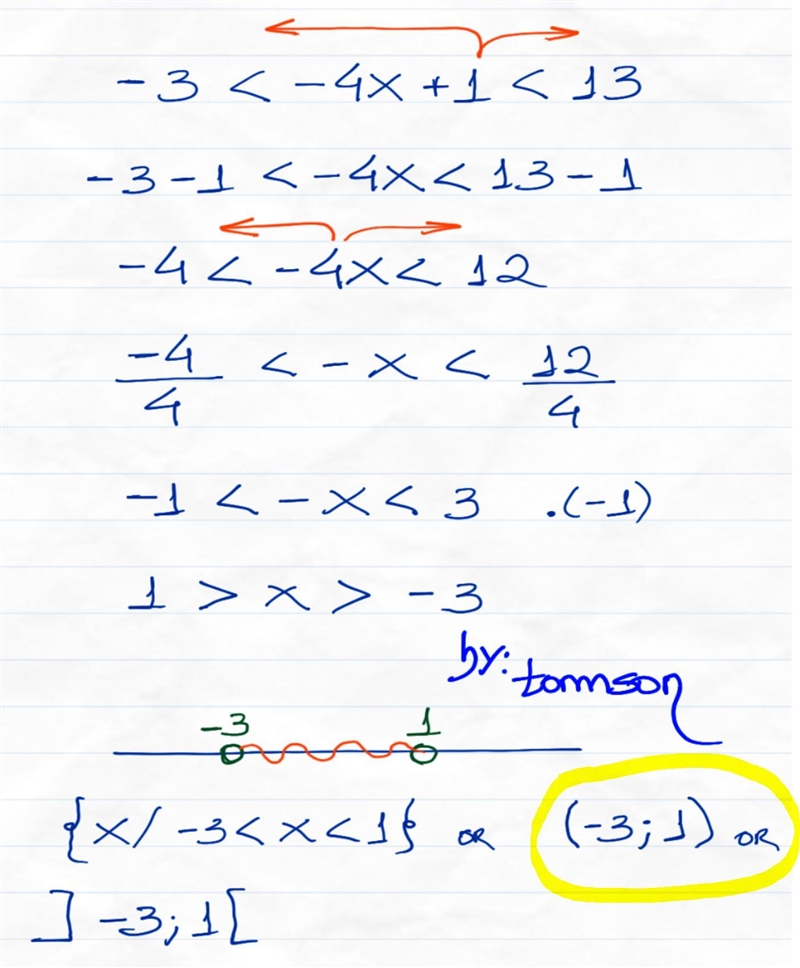 Solve -3 < -4x + 1 < 13 A. (-3,1) B. [-3,1] C. (4,2) D. [4,2]-example-1