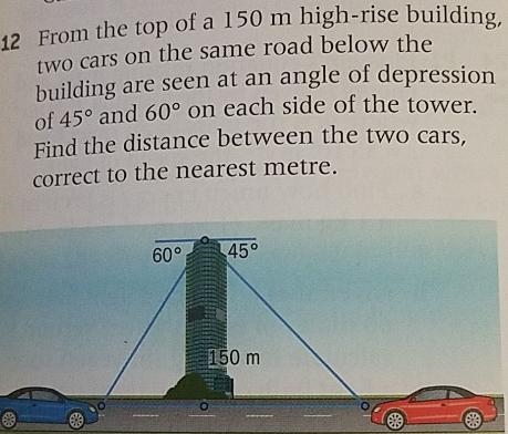 From the top of a 150 m high-rise building, two cars on the same road below the building-example-1