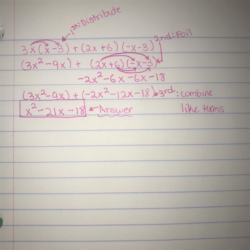 Simplify the following expression. Classify the resulting polynomial. 3x(x - 3) + (2x-example-1