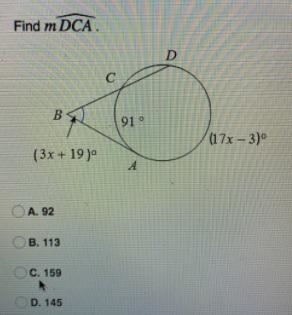 Find mDCAˆ. the question says that the angle is 3x+19 the smaller arc is 91 and the-example-1