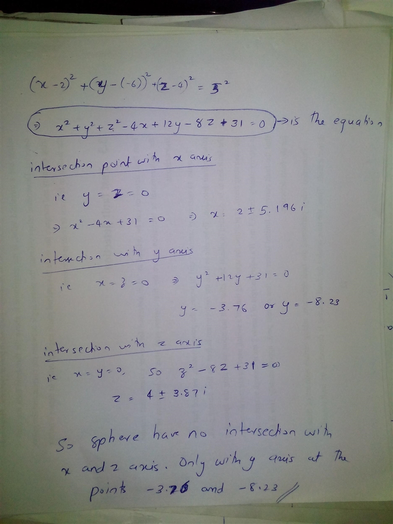 Find an equation of the space with center (2,-6,4) and radius 5. Describe its intersection-example-1