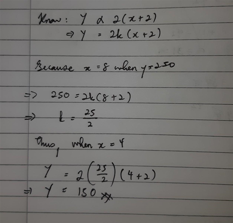 Y is directly proportional to (x+2)2 when x=8 y=250 find y when x=4-example-1