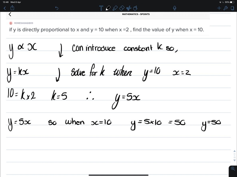 If y is directly proportional to x and y = 10 when x =2 , find the value of y when-example-1