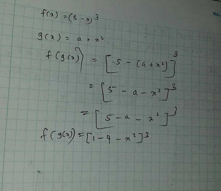 Suppose f(x) = (5 – x)^3 and, g(x) = a + x^2, and f(g(x)) = (1 – x^2)^3. What is the-example-1