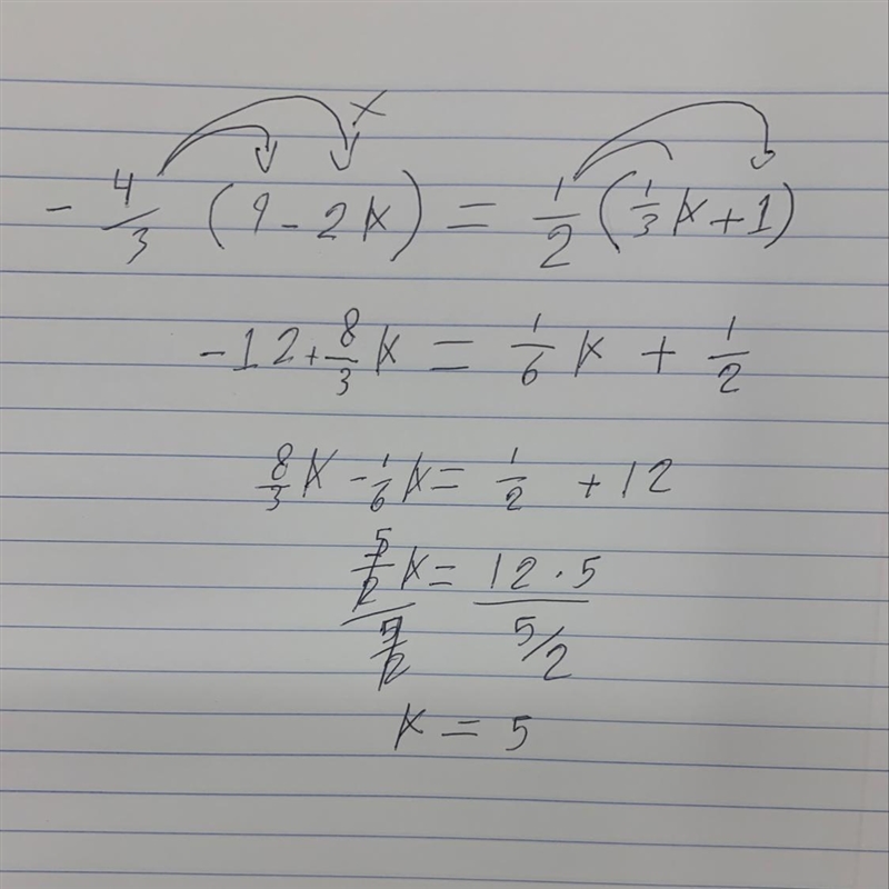 Solve the equation. -4/3(9-2k)=1/2(1/3k+1)-example-1