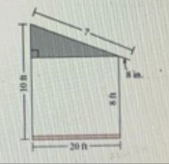 A patio 20 feet wide has a slanted roof, as shown in the figure. Find the length of-example-1