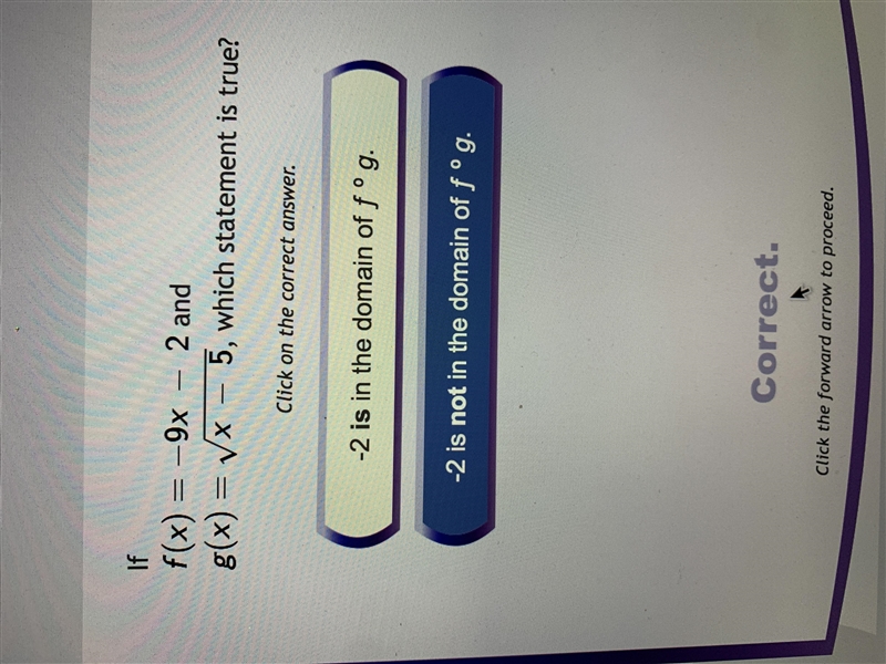 If f(x) = -9x – 2 and g(x) = 1x – 5, which statement is true? a. -2 is not in the-example-1