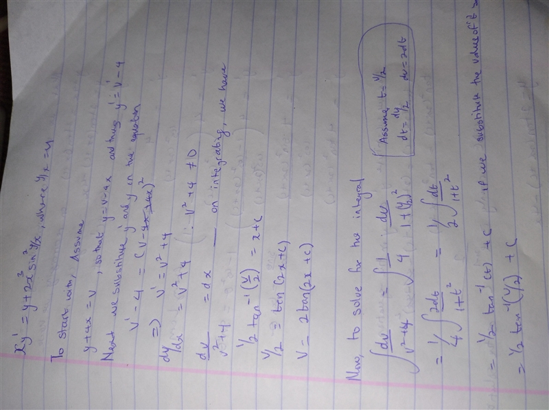 Find a general solution. Show the steps of derivation. xy'=y+2x³sin²y/x (Set y/x=u-example-1