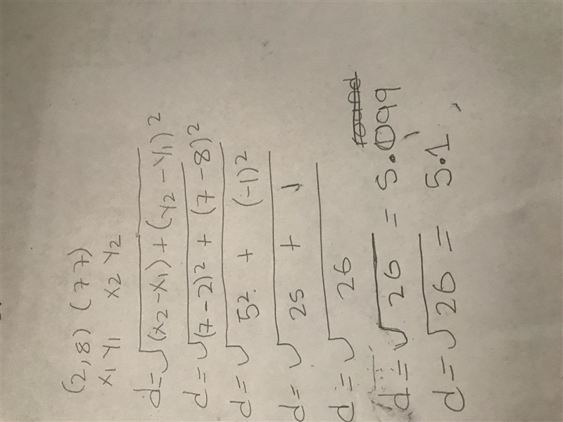 What is the distance between (2,8) and (7,7)-example-1