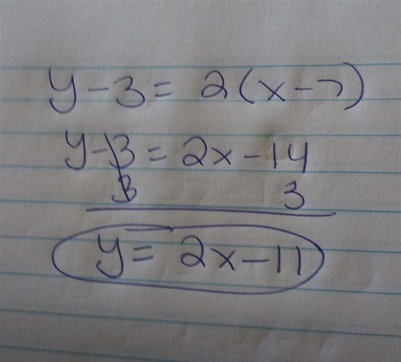 Which choice is the equation of a line that passes through point (7, 3) and is parallel-example-1