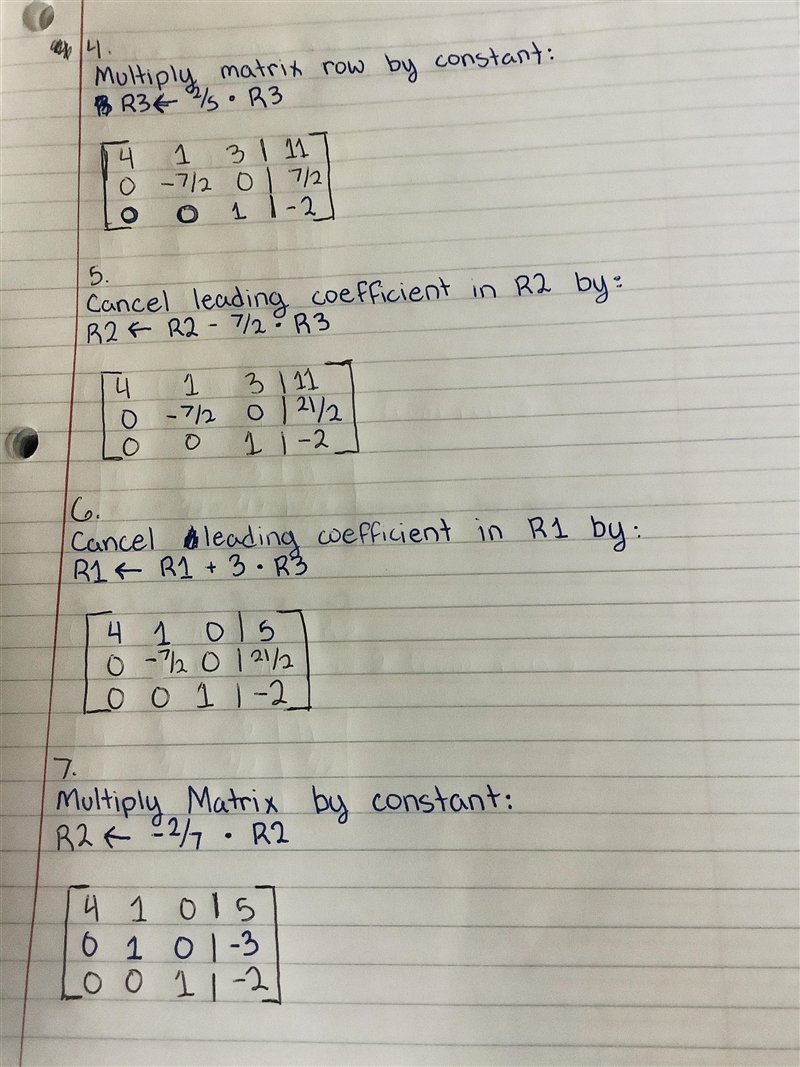 Solve the system of equations using Gaussian elimination. 4x+y-3z &= 11 \\2x-3y-example-2