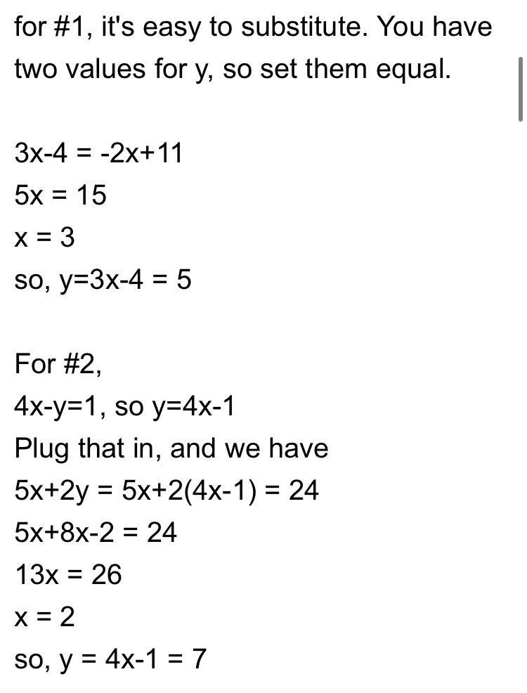 Solve each system of equations by using a table. y= 3x - 4 y = -2x + 11-example-1