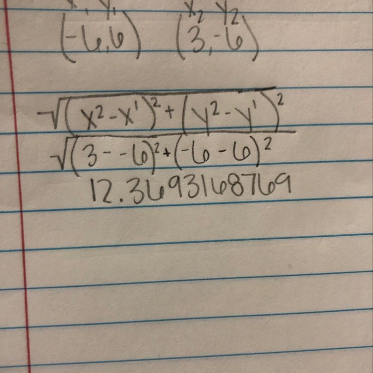 Find the distance between the two point (-6,6) and (3,-6)-example-1