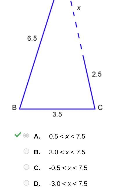 Which inequality represents the values of x that ensure triangle ABC exists? A. 0.5 &lt-example-1