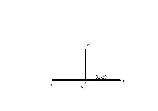 WY bisects UV at Y. If UV=x-7 and YV = 3x-29, find UV-example-1