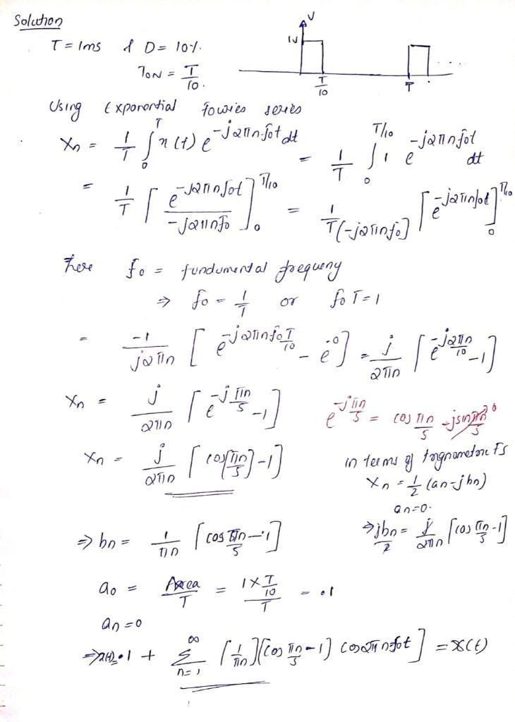 Find the Fourier series of a 1 V pulse train with a 10 percent duty cycle and a period-example-1