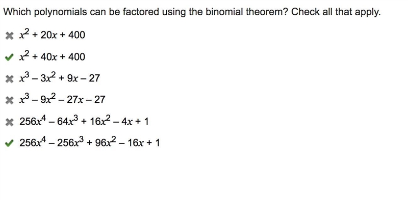 Which polynomials can be factored using the binomial theorem? Check all that apply-example-1