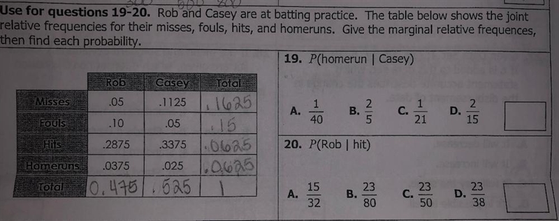 Rob and casey are batting practice . The table below shows the joint relative frequencies-example-1