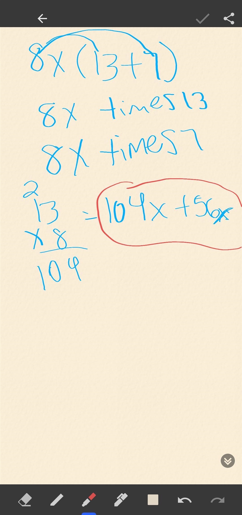 Use the Distributive Property to create an expression equivalent to 8 x ( 13 + 7 )-example-1