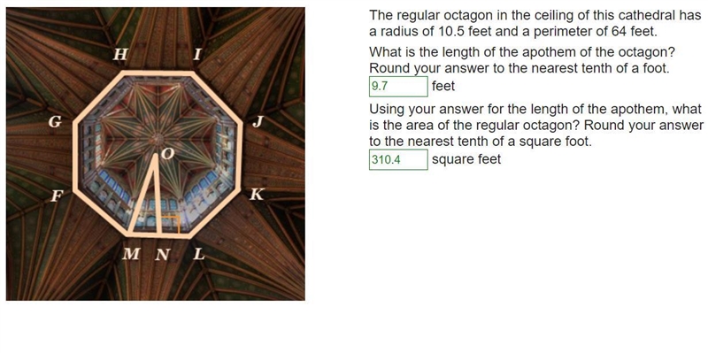 The regular octagon in the ceiling of this cathedral has a radius of 10.5 feet and-example-1