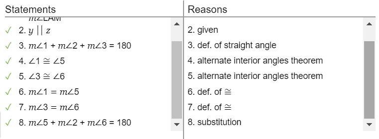 Given: y ll z Prove: m25+ m2 2 + m26 = 180° L A M 1 2 3 y 4 5 6 7 Z С B Assemble the-example-2