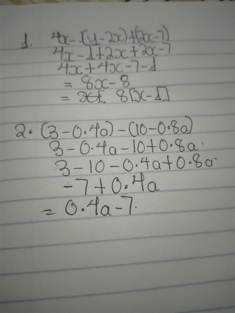 Simplify: 1. 4x−(1−2x)+(2x−7) 2. (3−0.4a)−(10−0.8a)-example-1