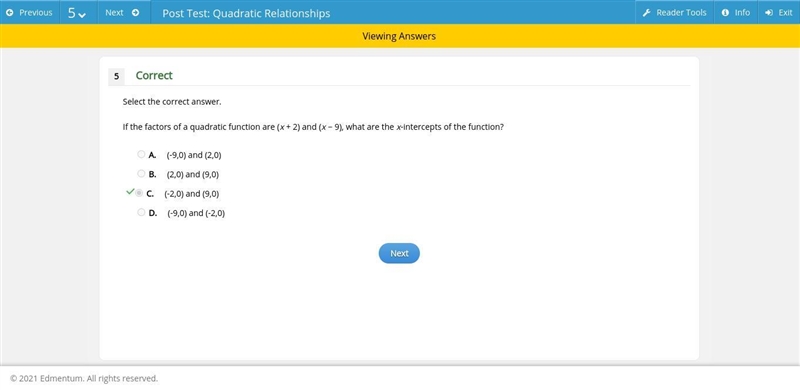 If the factors of a quadratic function are (x + 2) and (x − 9), what are the x-intercepts-example-1