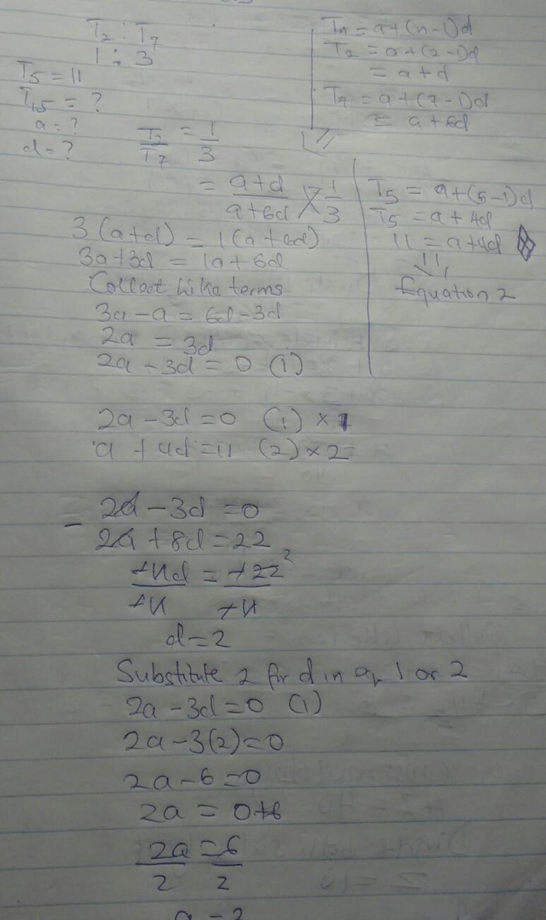 1. In an AP, the ratio of the 2nd term to the 7th term is 1/3. If the 5th term is-example-3