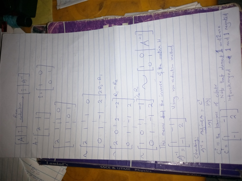 Use row reduction to find the inverse of the given matrix if it exists, and check-example-1