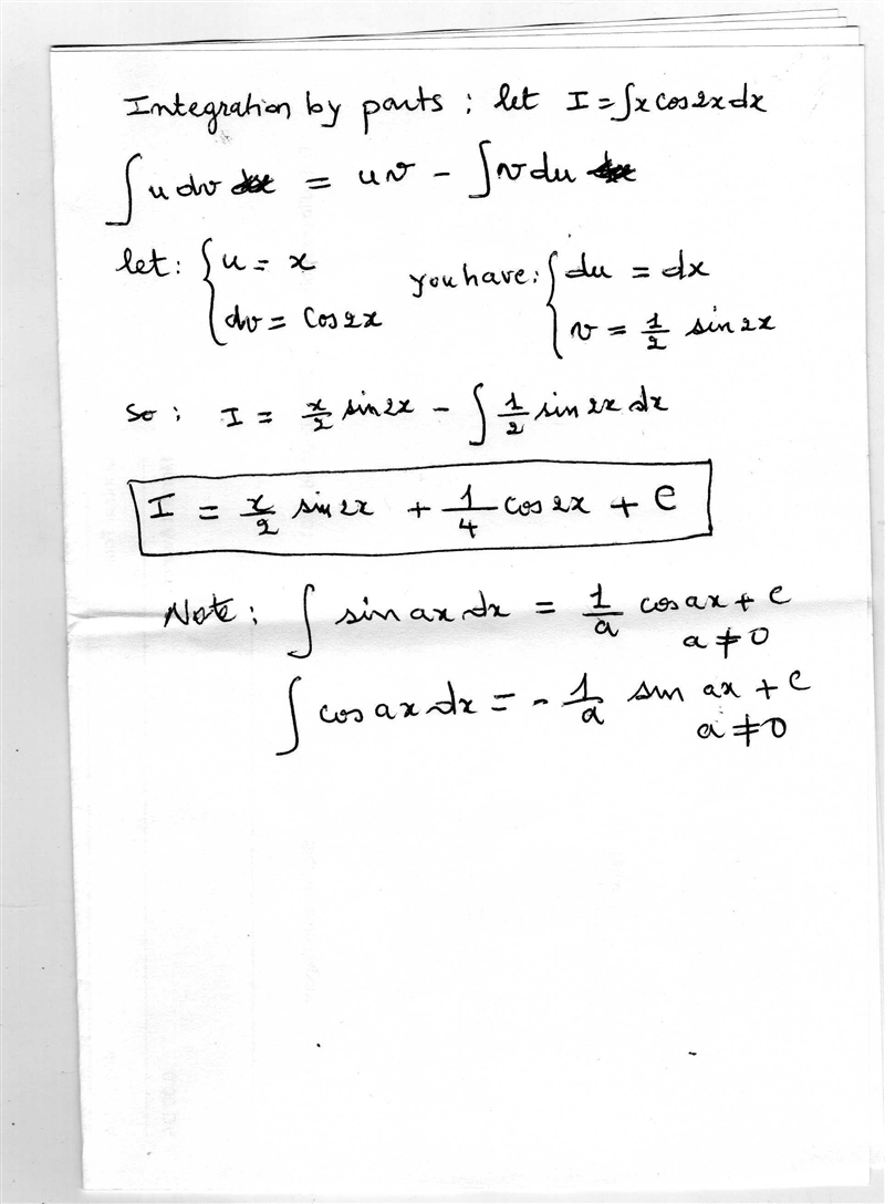 Find the indefinite integral using integration by parts with the given choices of-example-1