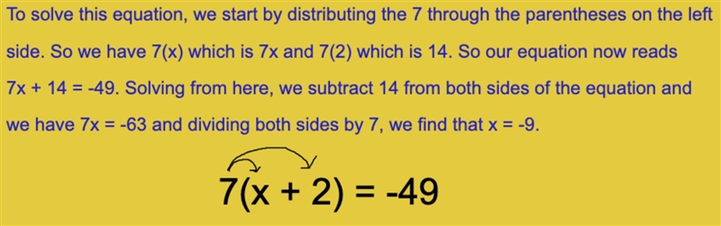 Solve 7(x + 2) = -49-example-1