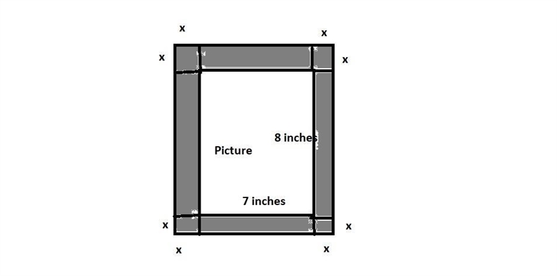 Alistair has a rectangular picture measuring 8 inches by 7 inches. He makes a frame-example-1