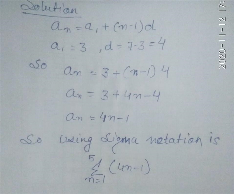 What is sigma notation of 3 + 7 + 11 + 15 + 19​-example-1