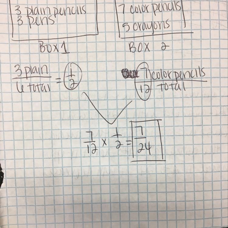 A box contains 3 plain pencils and 3 pens. A second box contains 7 color pencils and-example-1