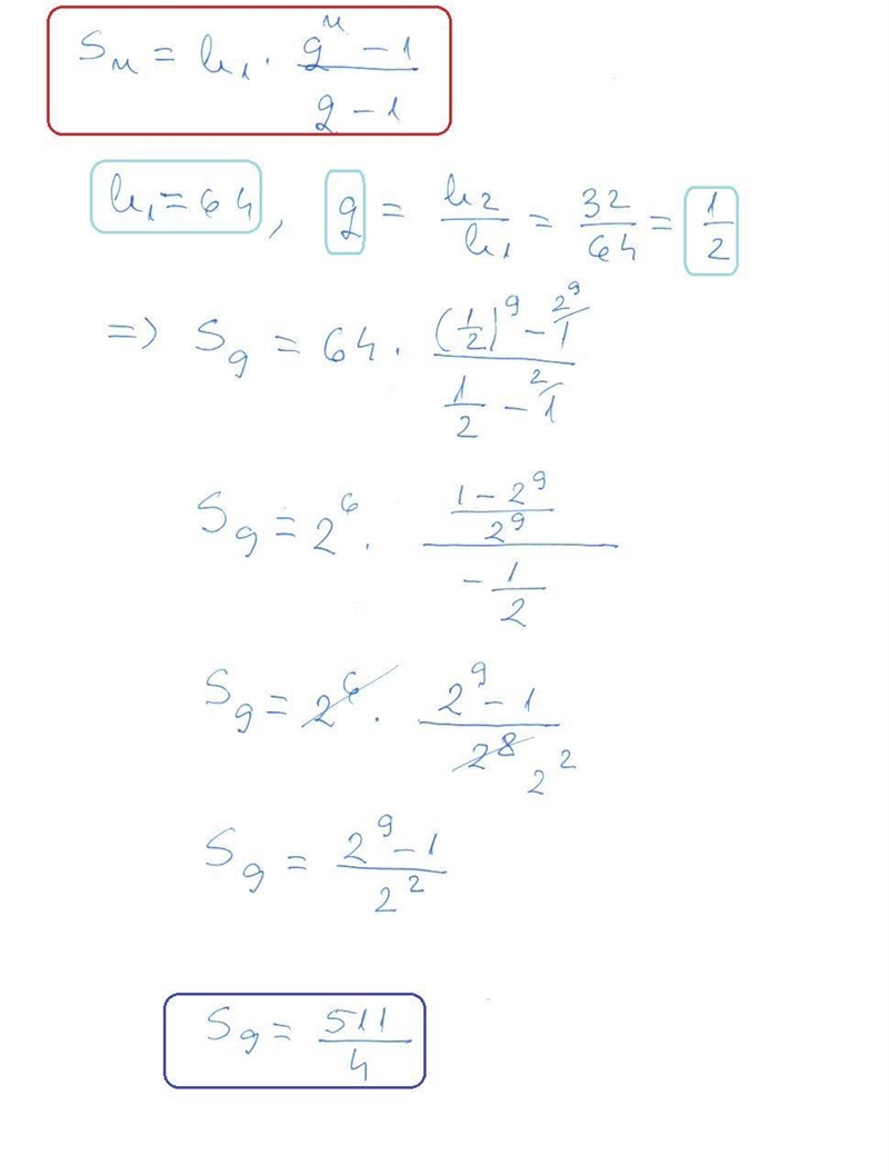 Find the sum of the first 9 terms in the following geometric series. 64+32+16...-example-1