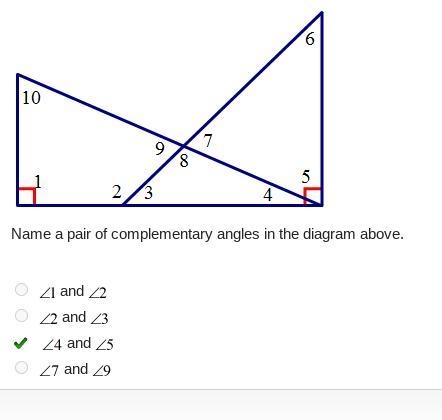 Please help!! Name a pair of complementary angles in the diagram above. A. 1 and 2 B-example-1