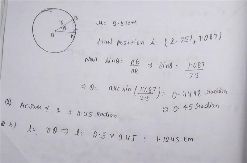 Alice is skiing along a circular ski trail that has a radius of 2.5 km. She starts-example-1