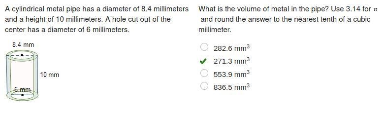 A cylindrical metal pipe has a diameter of 8.4 millimeters and a height of 10 millimeters-example-1