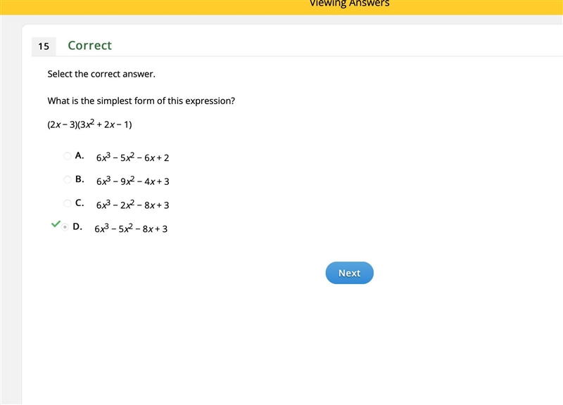 Select the correct answer. What is the simplest form of this expression? (2x - 3)(3x-example-1