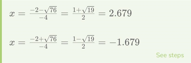 Solve for x using the quadratic formula -2x^2+2x+9=0-example-1