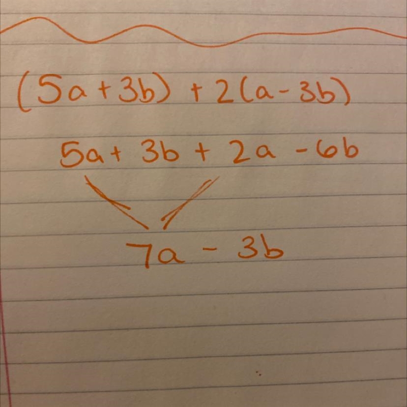 Simplify by combining like terms: (5a + 3b) + 2(a – 3b)-example-1