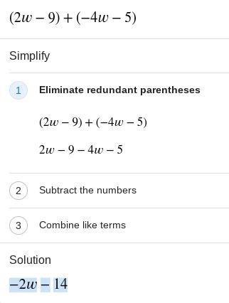 Find the sum for (2w-9) + (-4w - 5)-example-1