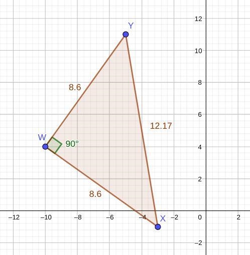 5. If W(-10, 4), X(-3,-1), and Y(-5, 11) classify AWXY by its sides. Show all work-example-1