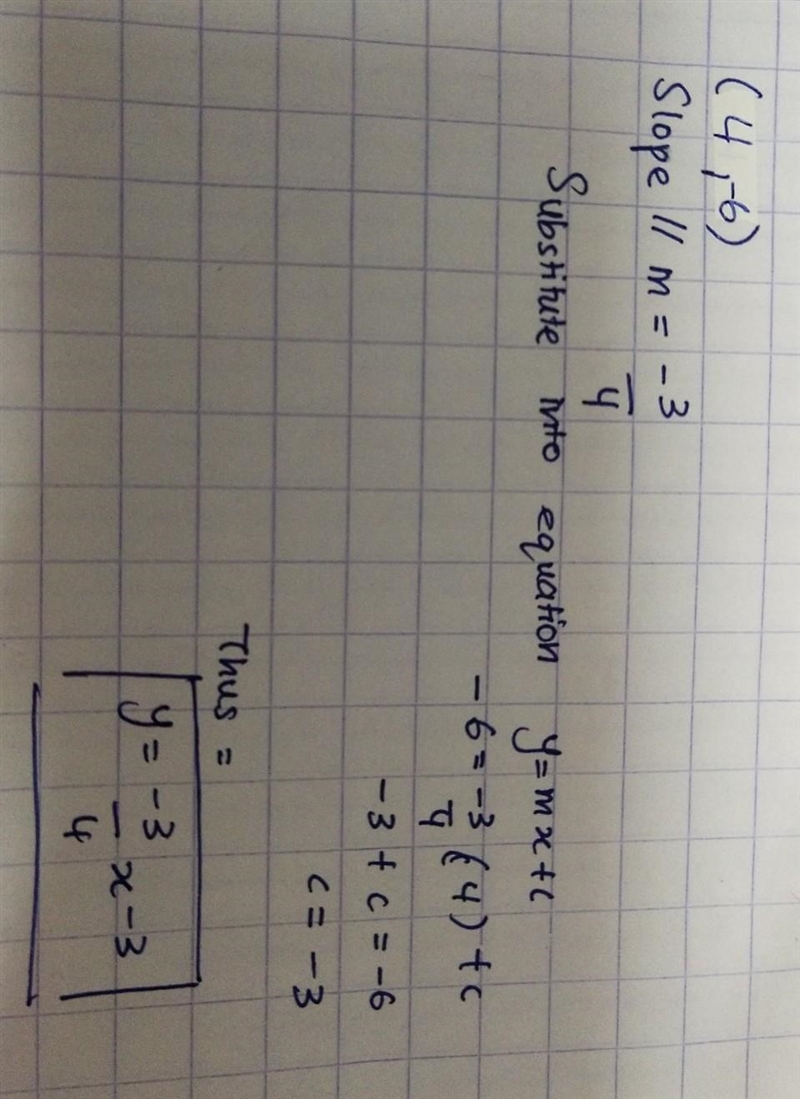 A line passes through the point (4,-6) and has the slope of -3/4. Which is the equation-example-1