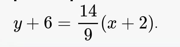 Write the equation of the line that passes through the points (-2,-6) and (7,8). Put-example-1